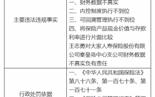 大家人寿秦皇岛中心支公司被罚13万元：因财务数据不真实等四项违法违规事实