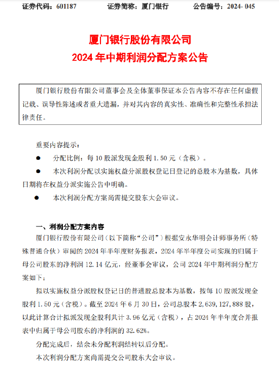 厦门银行：拟每10股派发现金股利1.50元-第1张图片-信阳市澳华食品有限责任公司