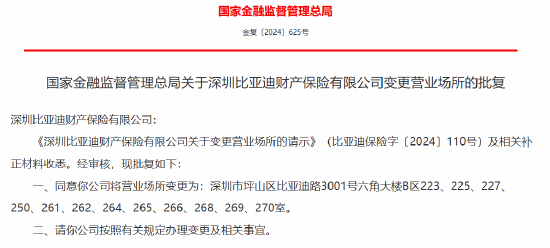 深圳比亚迪财产保险有限公司获批变更营业场所-第1张图片-信阳市澳华食品有限责任公司